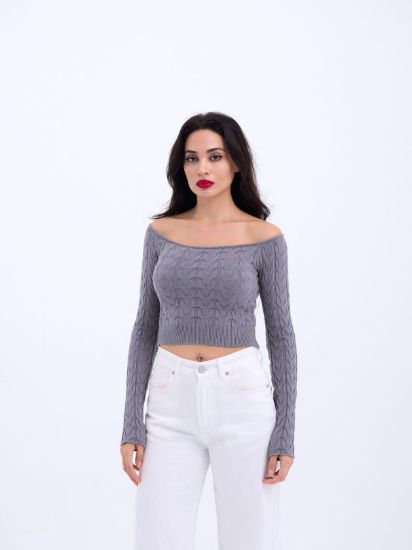 42241 TRİKO KAYIK YAKA CROP-GRİ resmi